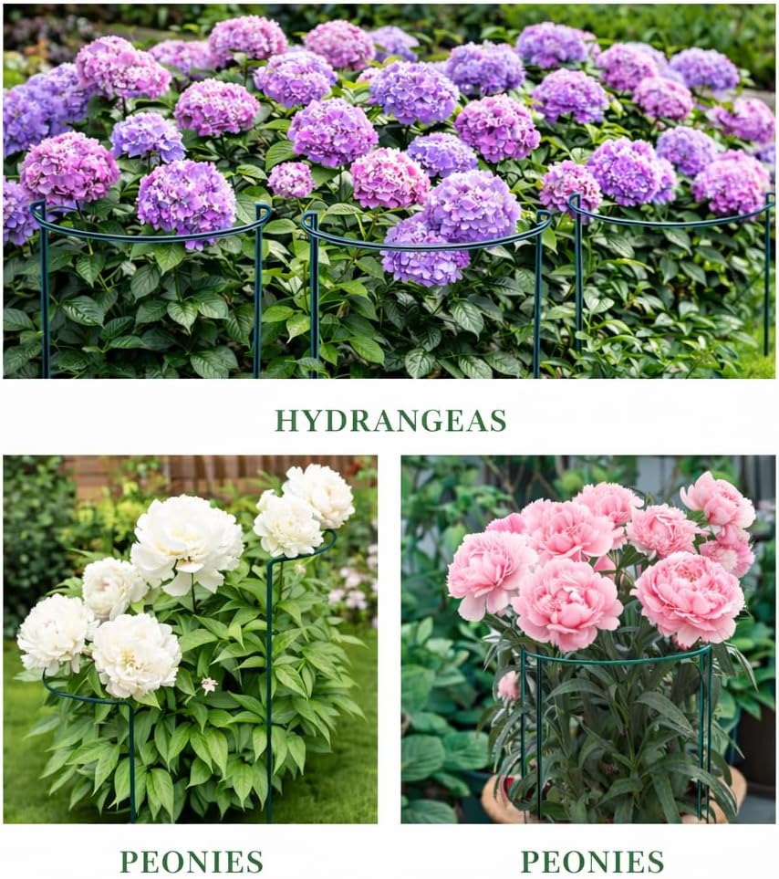 8 Pack Peony Support Cages, 10" W x 16" H Half Round Peony Plant Supports, Heavy Duty Metal Plant Support Stakes, Green
