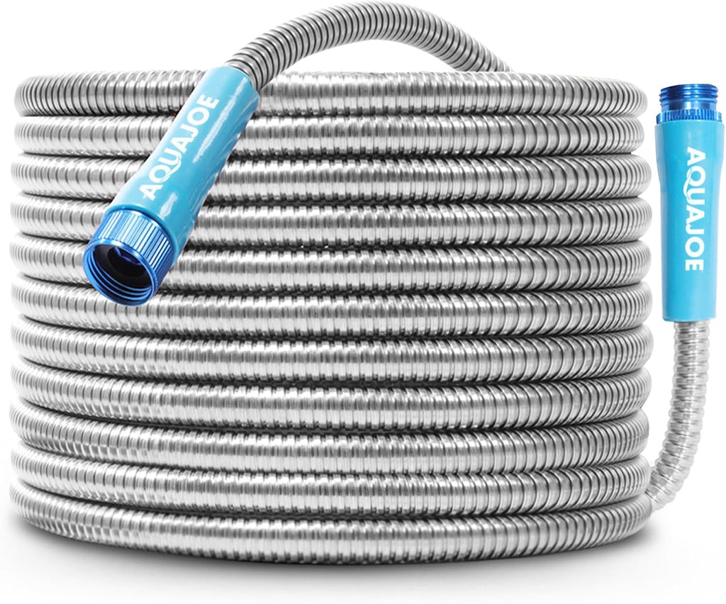 Aqua Joe 50-Foot Heavy Duty Garden Hose, Spiral 304 Stainless Steel Metal Hose, Puncture Proof, 1/2 Inch Diameter with
