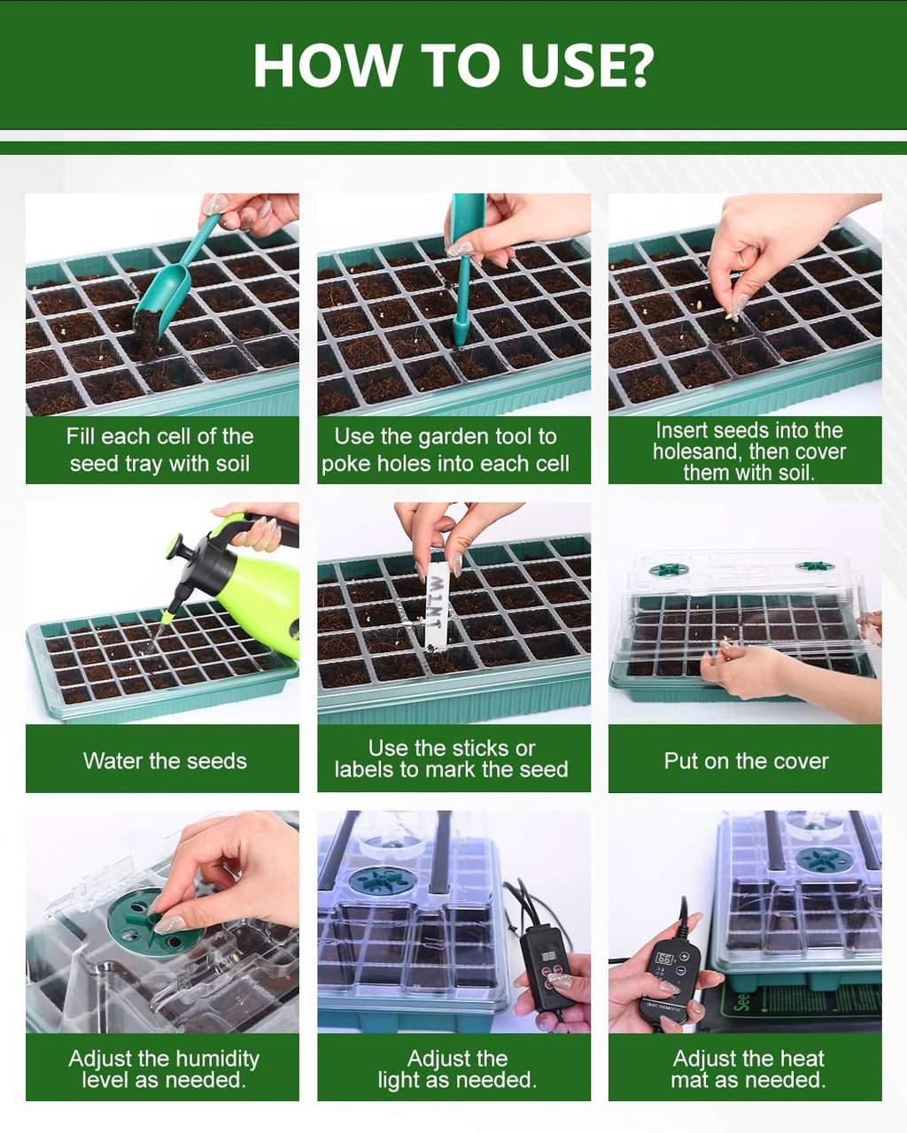 40 Cell Seed Starter Kit with Grow Light and Heating Mat | Graphene Heating Mat, Reusable Seed Starter Tray, 4.7"