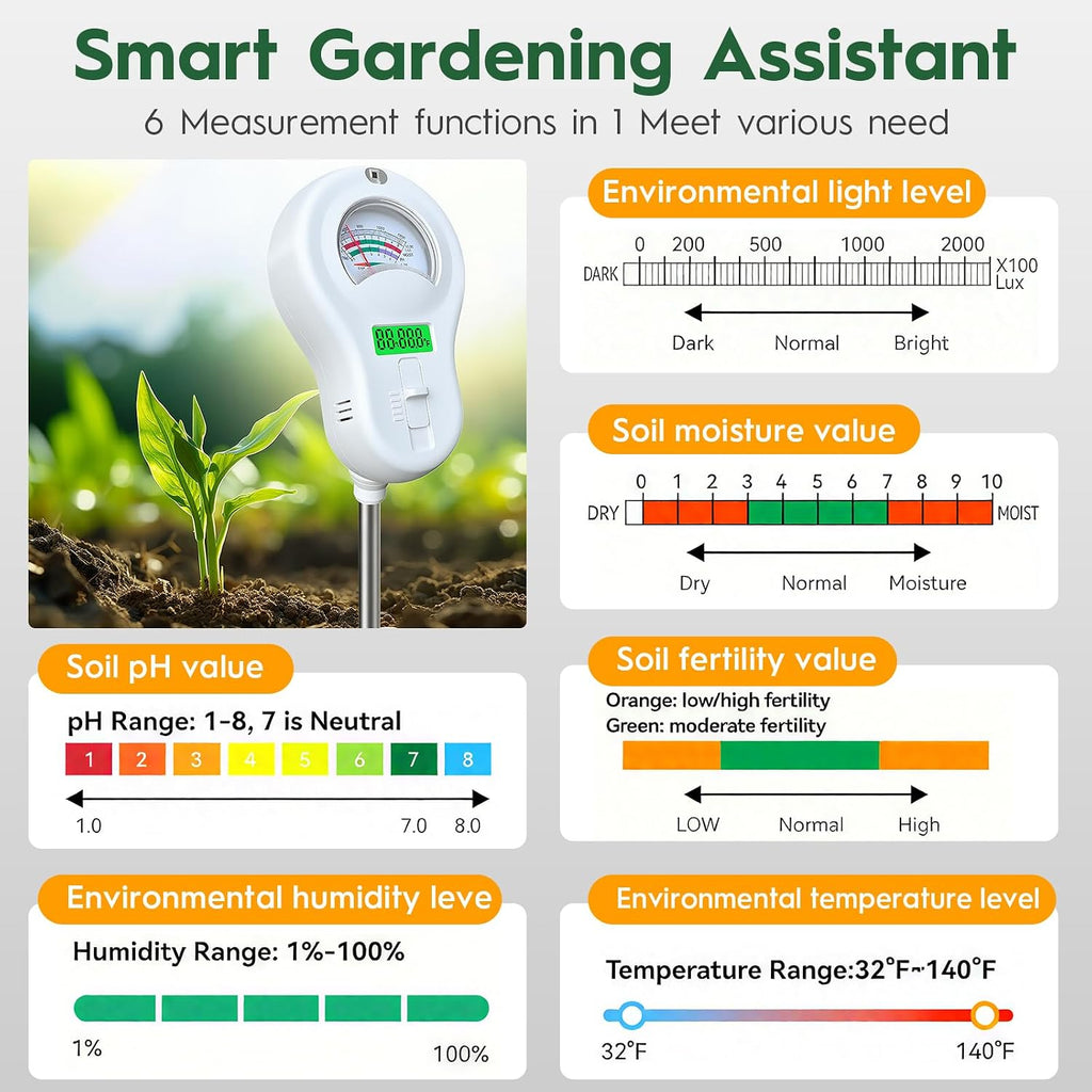 6-in-one Soil Test Kit-Soil Moisture Meter/PH Meter/Fertility/Sunlight Intensity Soil Tester, LCD Air