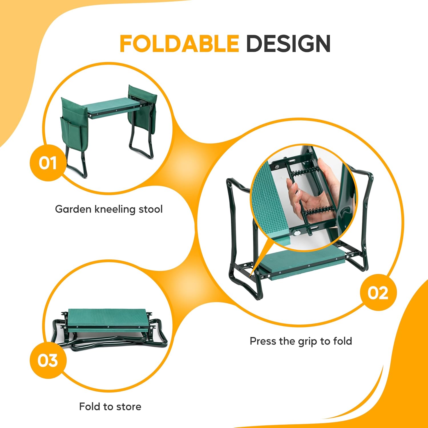 Simple Deluxe Garden Kneeler and Seat, Foldable Kneeling Stool with Thicker EVA Foam Pad, Heavy Duty Bench with Tool