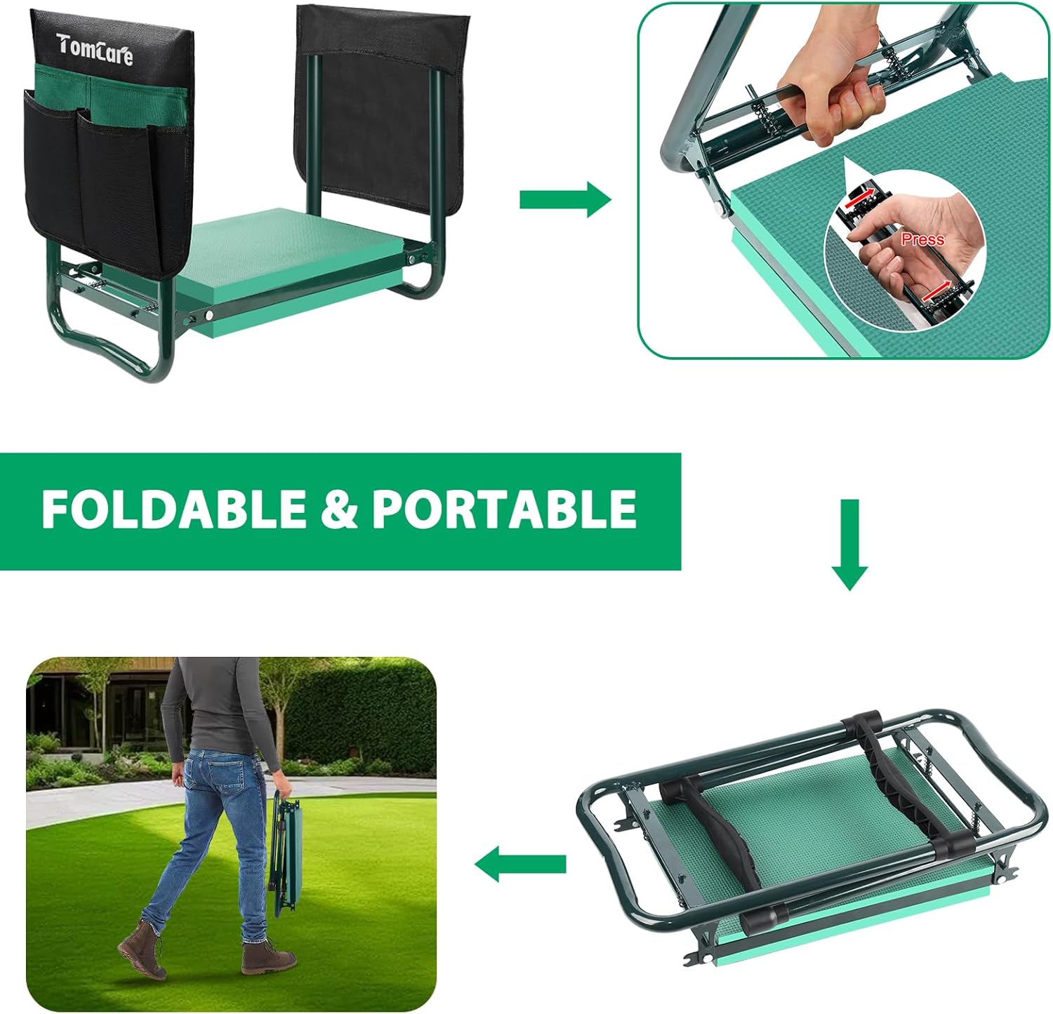 TomCare Garden Kneeler and Seat, 11.12" Kneeling Pad Sturdy Garden Bench | Heavy Duty Garden Stool, 450 lbs Load