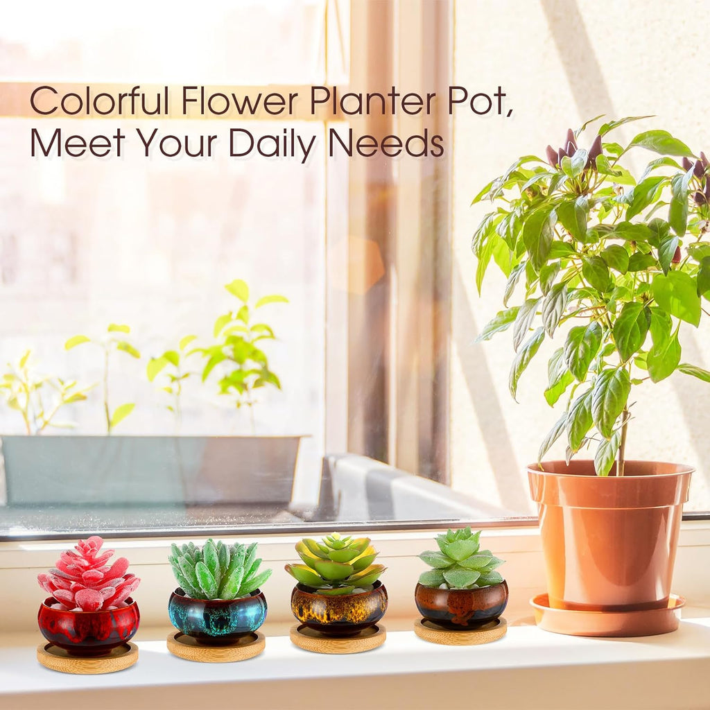 48 Pcs Ceramic Succulent Pots 2.5 Inch Small Plant Pots Indoor with Drainage and Bamboo Saucers Colorful Succulent
