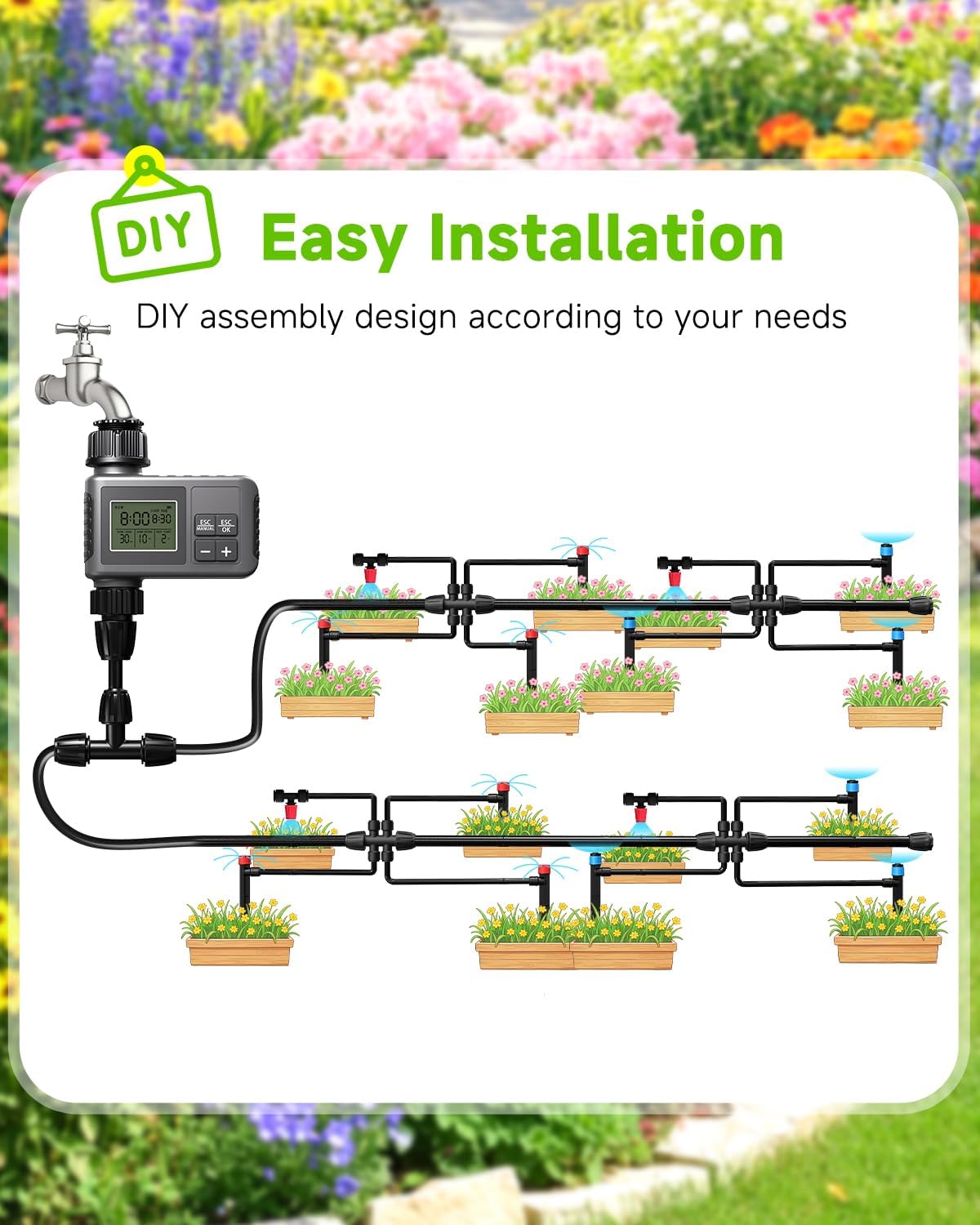 124FT Drip Irrigation System with LCD Timer, Automatic Watering System Kits,5/16 Inch Hose 1/4 Inch Distribution Tubing