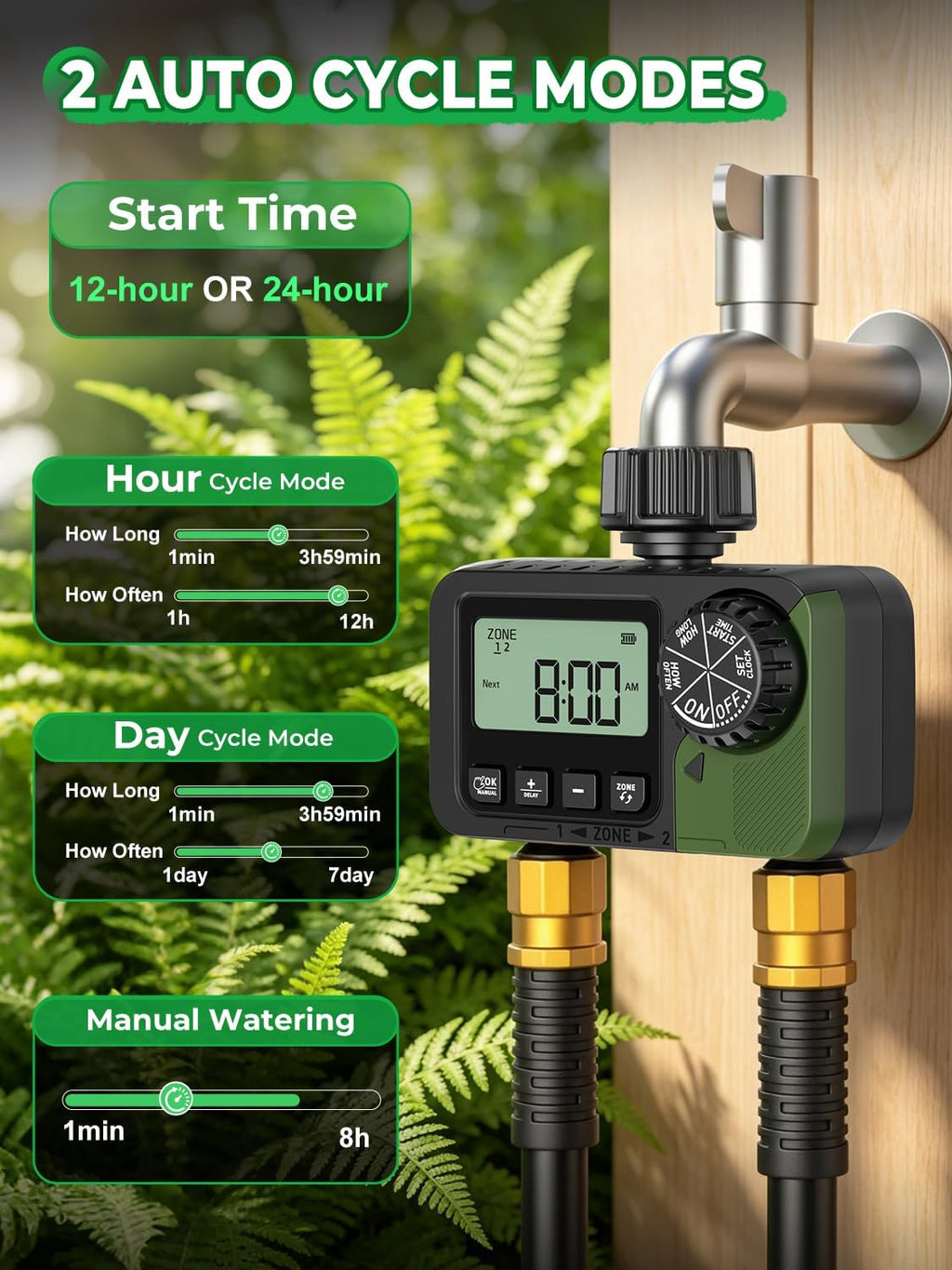 Sprinkler Timer 2 Outlets, Programmable Water Hose Timer with Rain Delay/Manual/Automatic Watering System, Outdoor