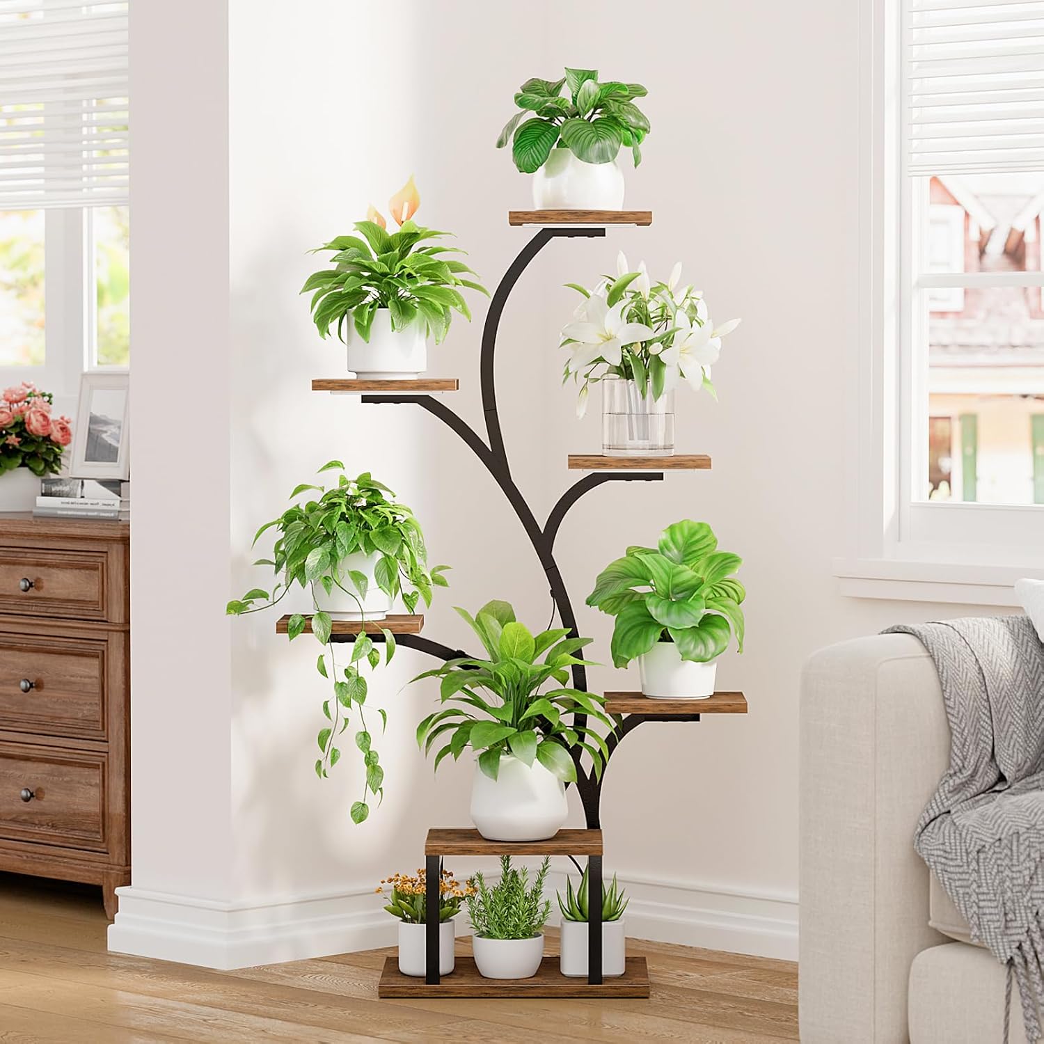 BACEKOLL Plant Stand Indoor with Grow Light, 7 Tier 49" Lighted Plant Shelf | Tree-Shaped Tall Holder with Full