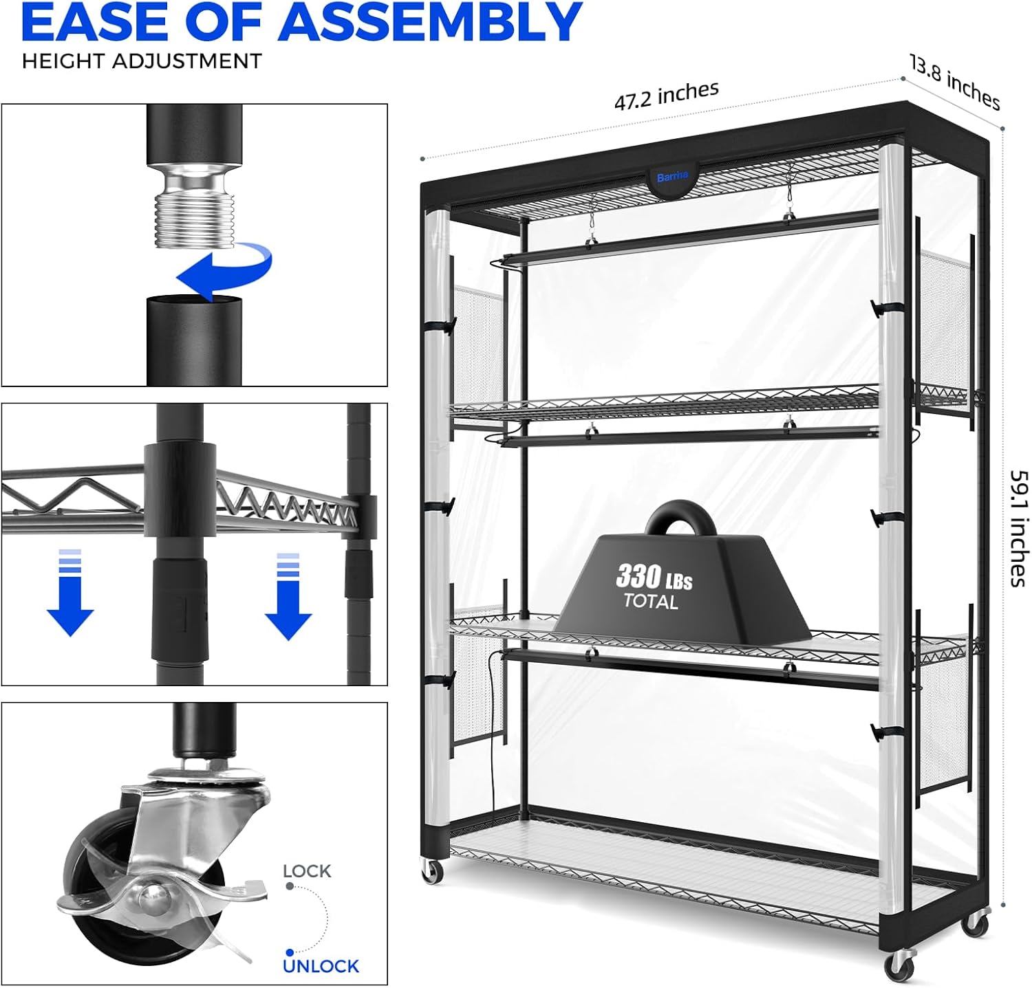 Barrina LP1200 Indoor Greenhouse with Grow Light, 4 Tier Stand with Tent | Adjustable Shelf, 150W TX-S50 3.2FT 5000K