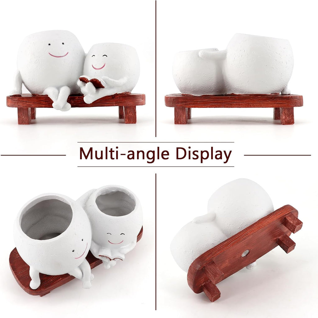 Meltset Cute Face Planter Pot - Funny Double Head Planter Sitting on Bench, Smiley Succulent Pot with Drainage Indoor