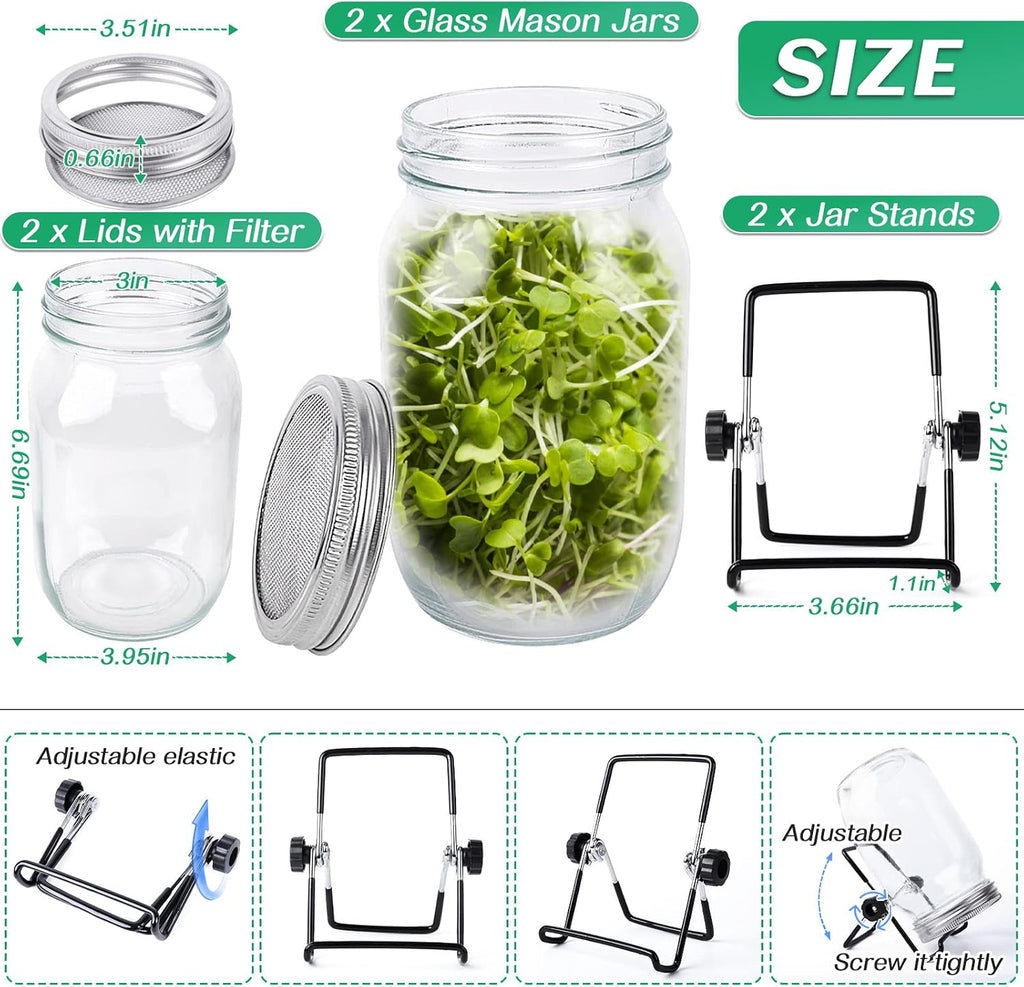 Kikerike Seed Sprouting Jar Kit with 2 Wide Mouth Mason Jars Bean Sprouts Growing Kit Microgreens Growing Jar with Mesh