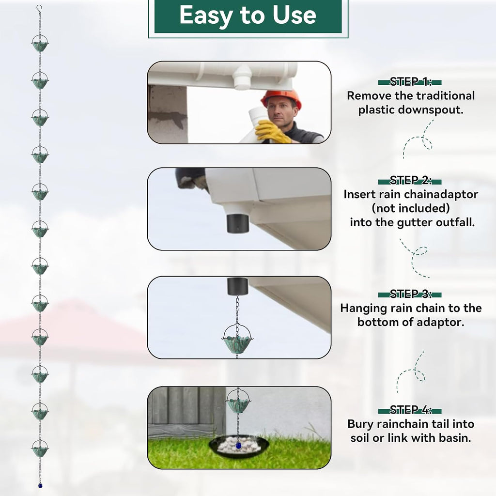 Rain Chains for Outside, 8.7FT Gutter Chain with | 12 Lotus Cups Rain Catcher Chain Replacement Downspout for Gutters