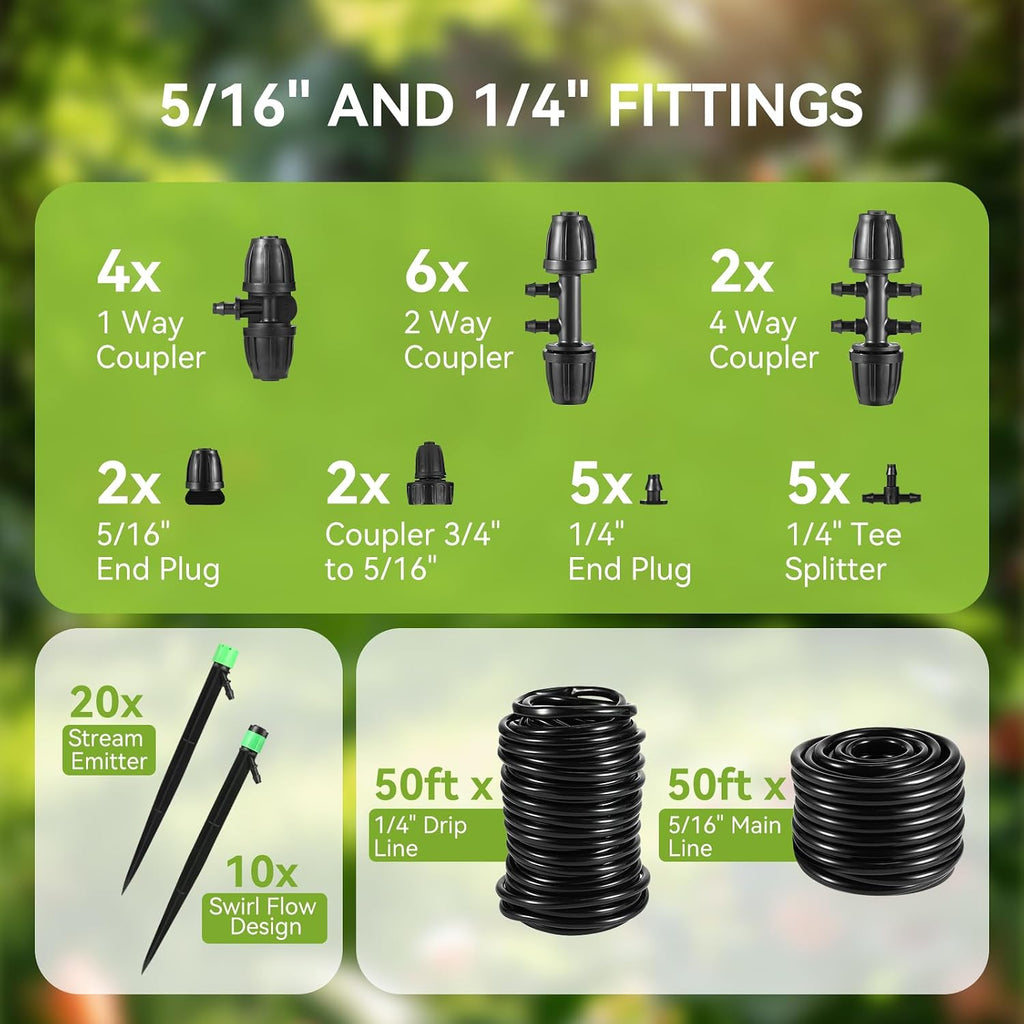 Drip Irrigation Kit for Garden, Raised Beds, Lawn - Adjustable Watering System with Drip Emitters, 5/16" & 1/4" Tubing