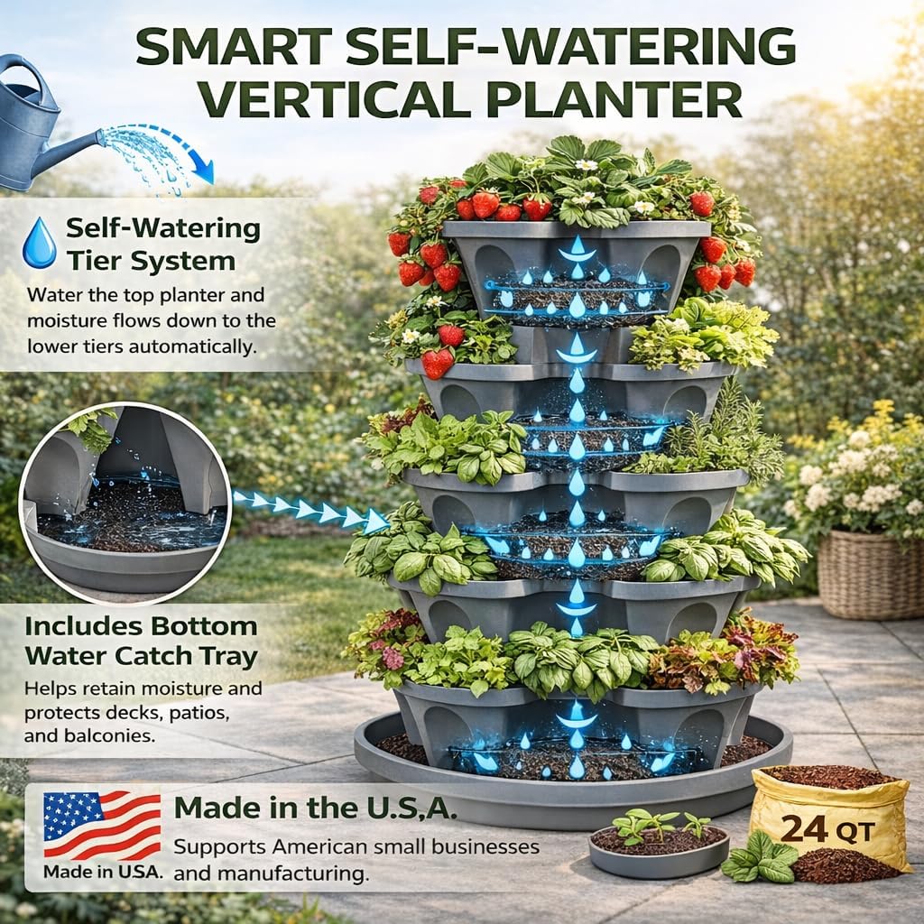 5-Tier Stackable Strawberry Garden – 24 Quart Indoor / Outdoor Stacking Planter with Drip Saucer – Grow Herbs