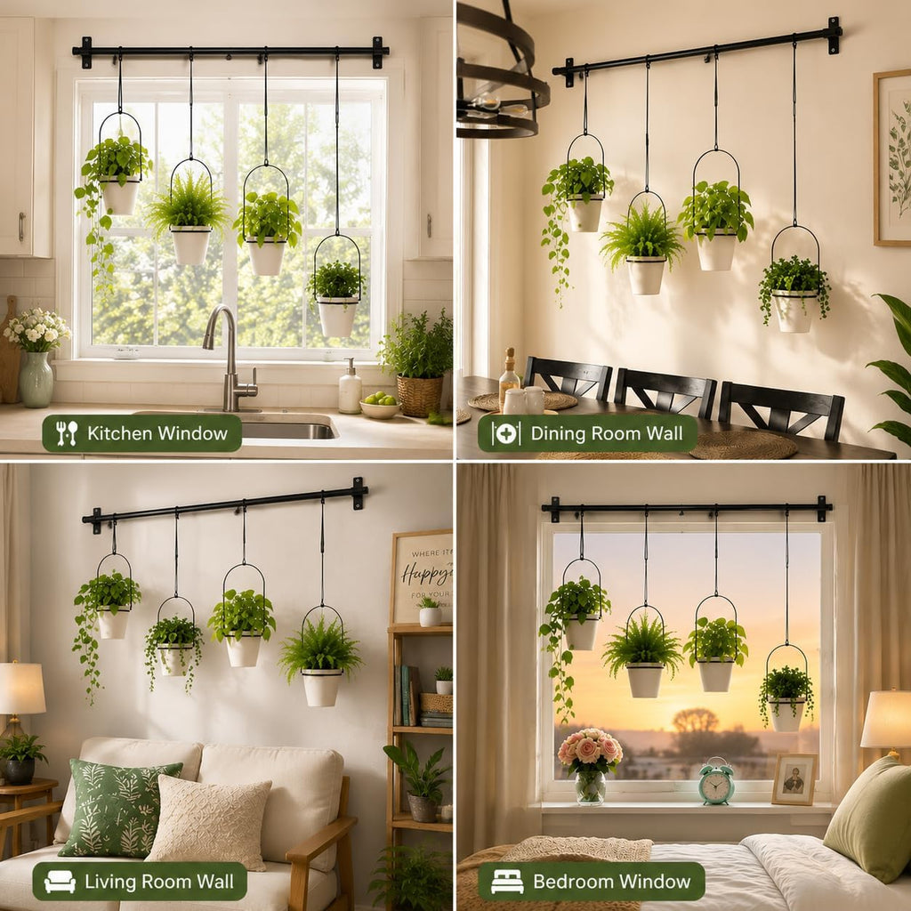 Adjustable Hanging Window Planter with 4 Pots, Space Saving Indoor Herb Garden Plant Hanger, Metal Vertical Plant Rack