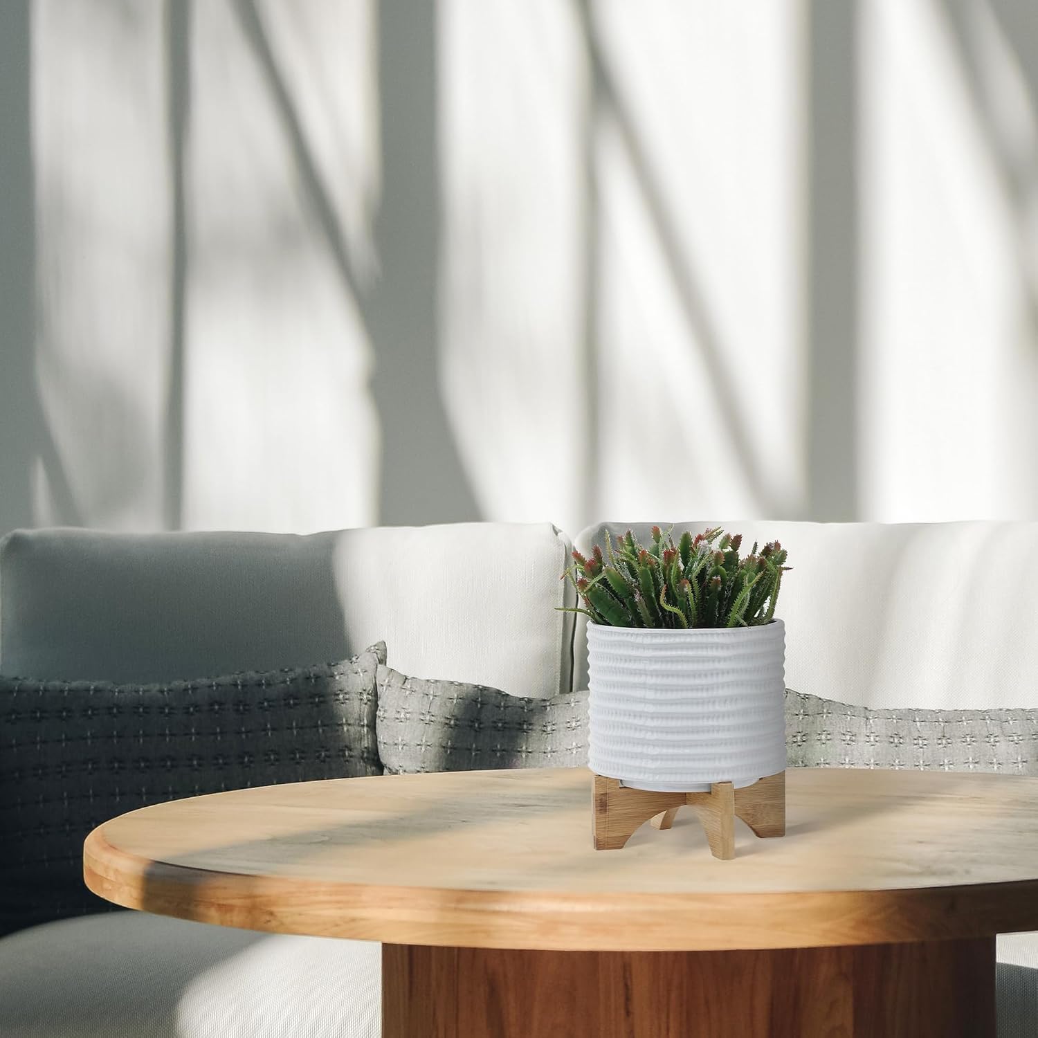Ceramic Planter with Bamboo Stand – Modern Home Decor Indoor Plant Pot with Textured Stoneware Design – Decorative