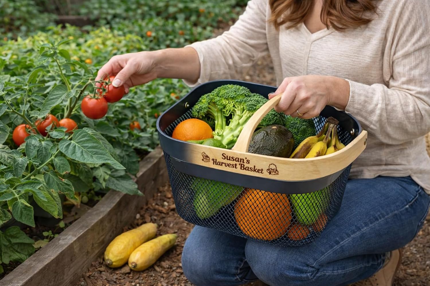 Harvest Basket Plastic Mesh Garden Hod with Personalized Bamboo Handle – Lightweight Vegetable Harvest Basket for