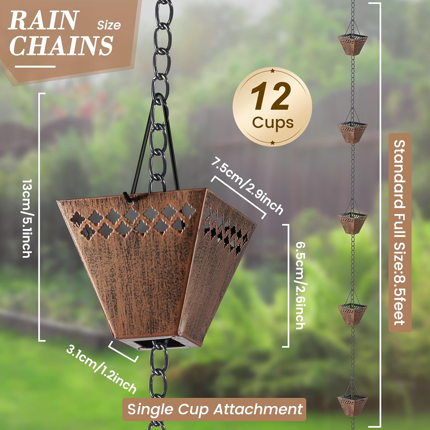 Square Rain Chain Gutter Downspout Copper Rain Chains for Gutters with 12 Cups, Adjustable Rain Catcher Chain with Bell