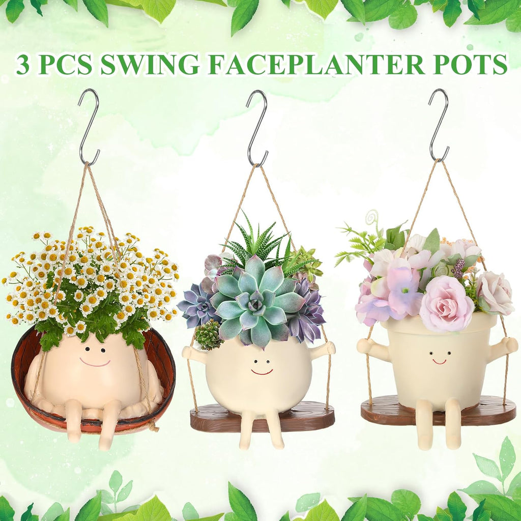 Nuogo 3 Pack Hanging Swing Chair Planter Pots Cute Wall Hanging Planter Pot Swing Face Pot with Drainage Holes Head