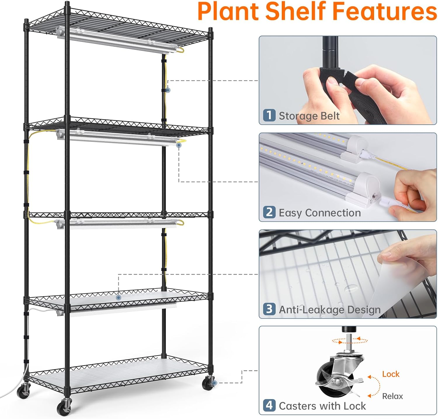 5-Tier Plant Shelf with Grow Light, 29.5x13.8x59in | Grow Light Shelf, Indoor Plant Stand, 4-Pack Full Spectrum LED