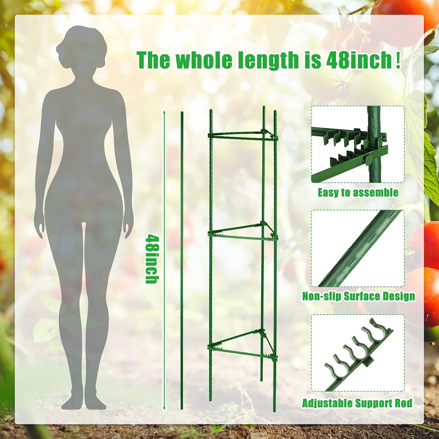 10 Packs Tomato Cages for Garden Support Up to 48" Tomato Plant Stakes Support with Adjustable Snap Arms Clips Plastic
