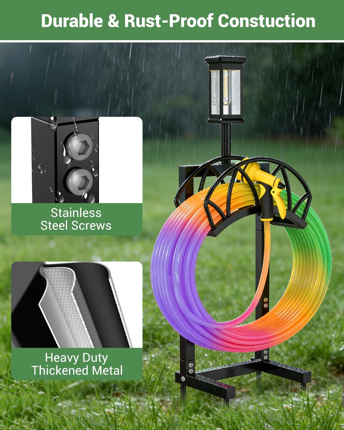 Garden Hose Holder with Solar Light, Freestanding Hose Stand for Outside | Heavy Duty Detachable Hose Storage Rack