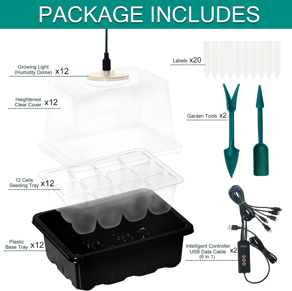 12-Set Seed Starter Tray with Grow Light, Seed Starting Trays Kits with Timing Controller Adjustable Humidity Domes