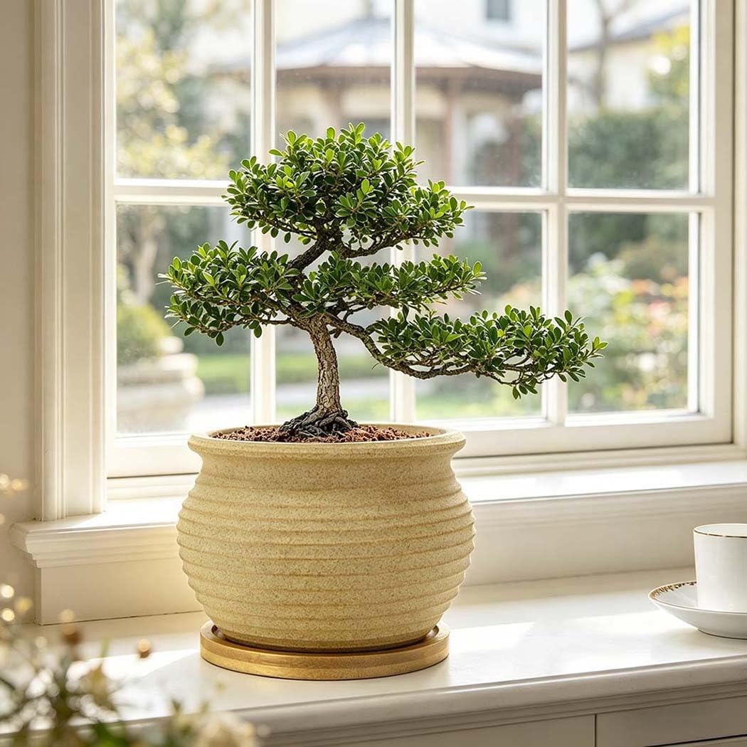MUZHI Rustic 4 inch Bonsai Plant Pot with Bamboo Tray Set of 4, Unglazed Ceramic Succulent Cactus Pot Indoor Outerdoor
