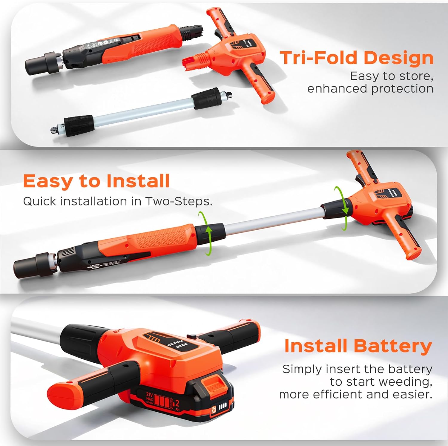 Weed Puller Tool, 21V Powerful Garden Tools Electric Weeder Tool, Orange | Weed Remover Tool with 2.0Ah Battery and