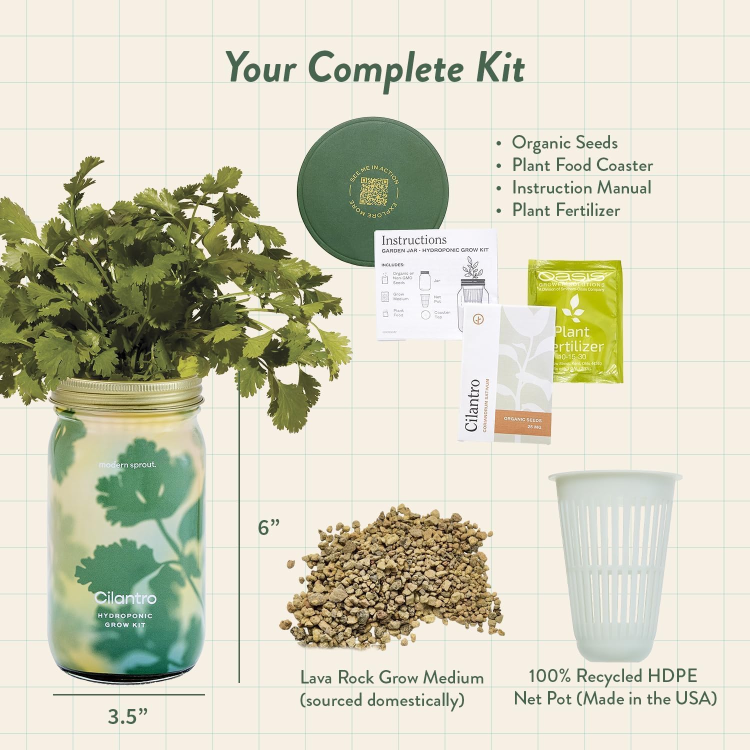 Modern Sprout MasonJar+Replant Kit-Self-Watering Hydroponic System-Cilantro | Growing System Kit w/Organic Herb Seeds