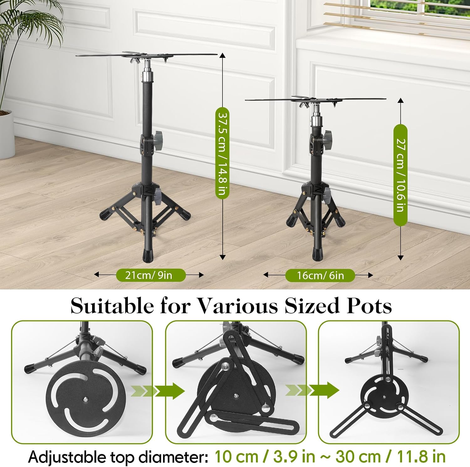 2 Pcs Adjustable Plant Risers,10-15" Rise, 4-12" Top & 6-9" Base, Metal | With Drainage Hole, Tripod Design, Portable
