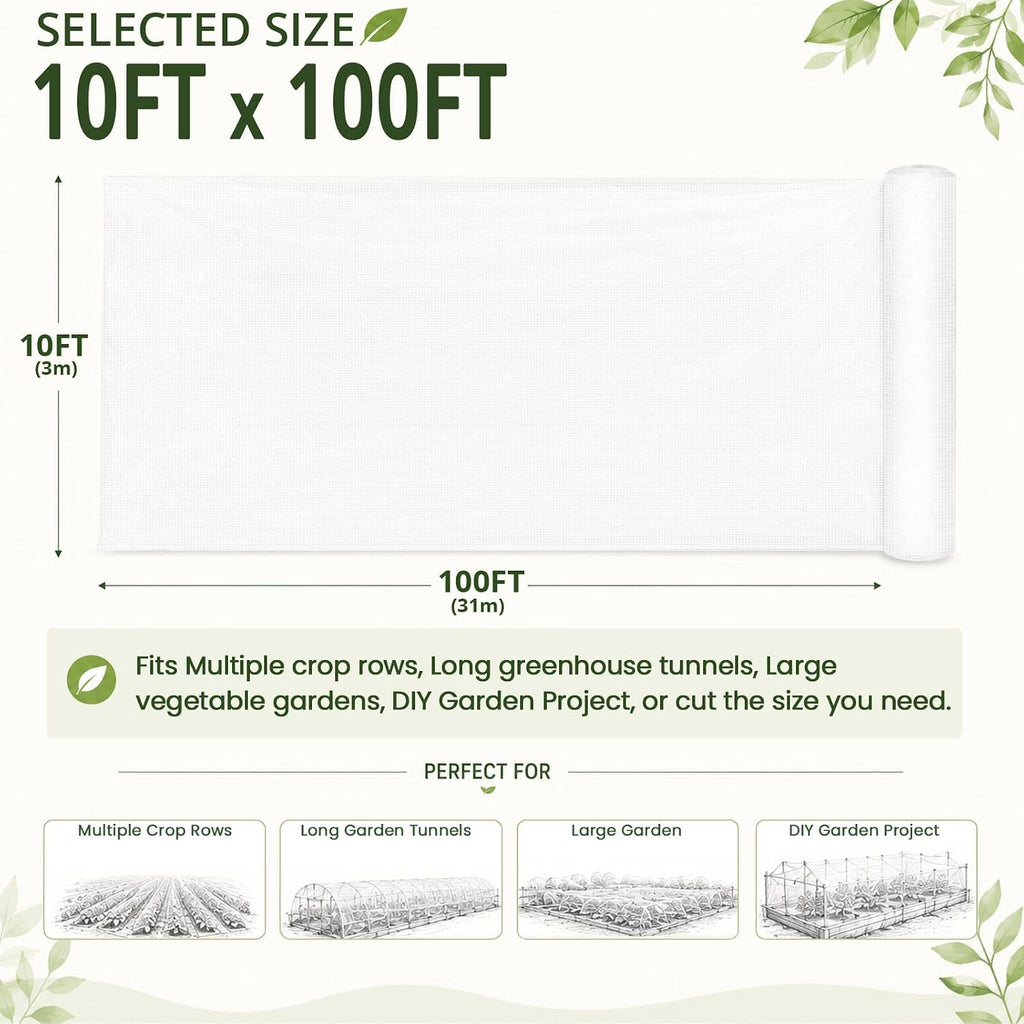 Roll Packed 10x100FT Garden Netting, Fine Mesh Insect Barrier for Plants | Mosquito Bug Bird Animal Pest Barrier