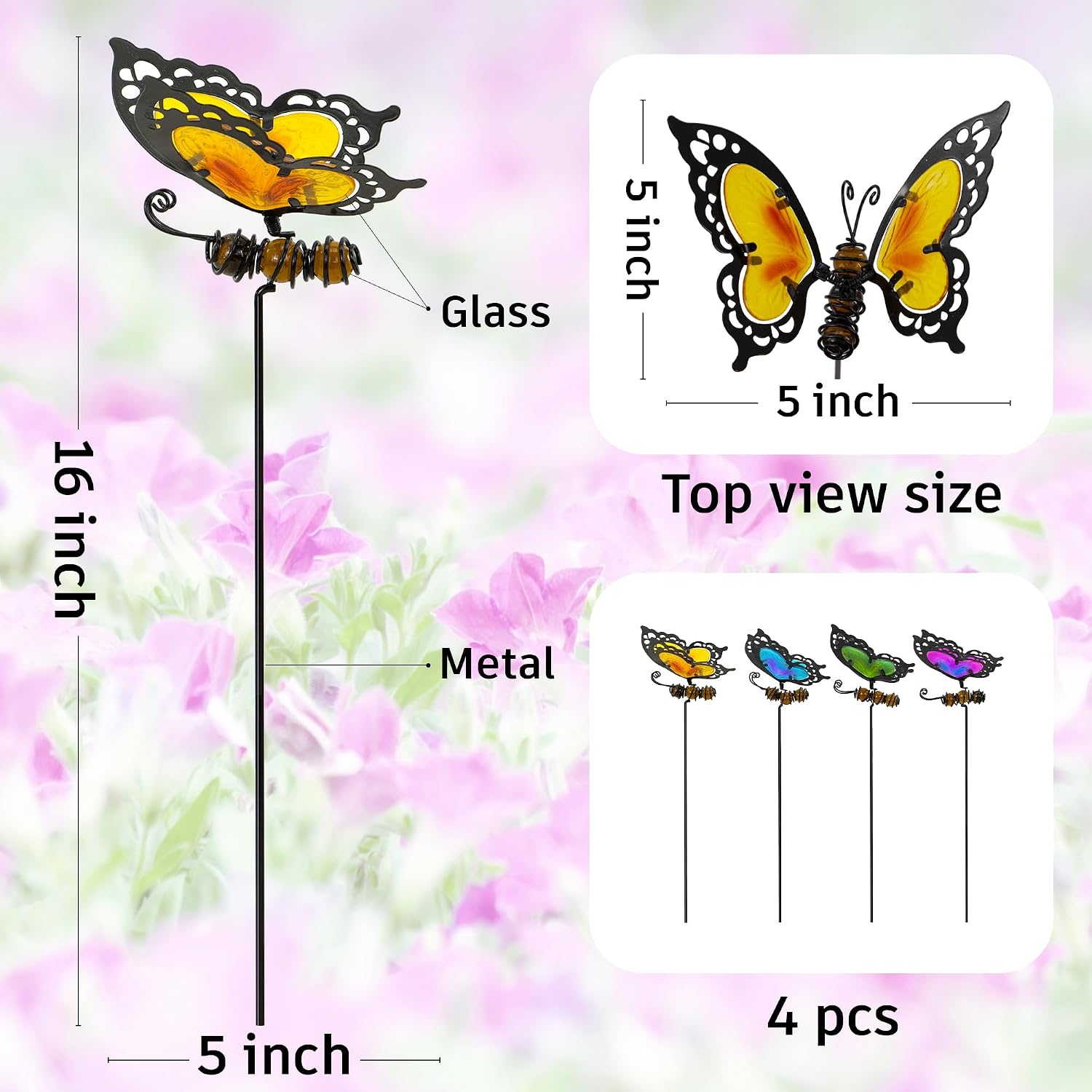 Butterfly Garden Stakes,Kit Made of Glass and Metal | Colorful Butterfly Garden Decorations Can Make the Garden Full of