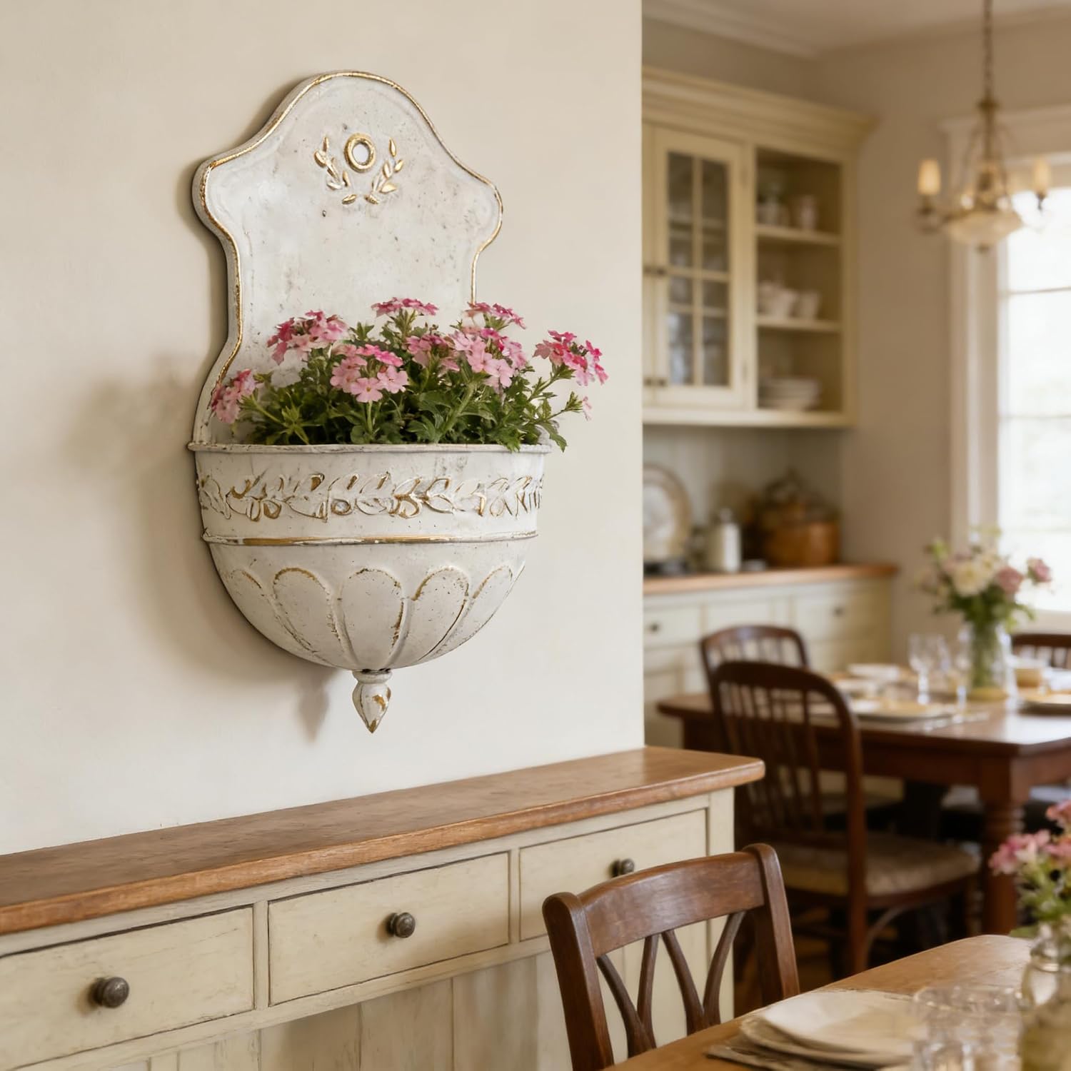 Vintage Distressed White Metal Wall Planter, Rustic Hanging Pocket Planter with Scrollwork & Scalloped Design