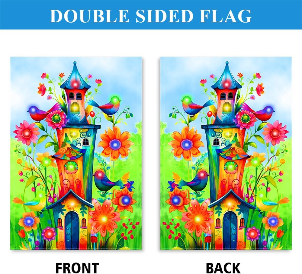 Bird Lighted Garden Flag, 12x18 Inch Double Sided | LED Solar, 8 Modes, Floral Bird Design, Stand Not Included ﻿