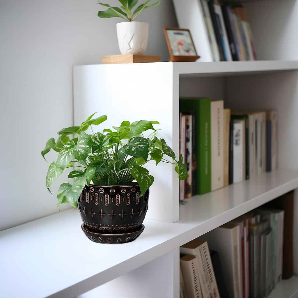 G EPGardening Ceramic Pot for Plants 5.5 Inch - Ceramic Plant Pot Indoor with Drainage Hole and Saucer, Round Boho