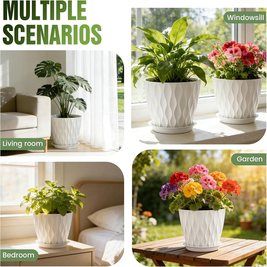 8 Inch Plant Pots 4 Pack Plastic Planters with Drainage & Saucers | 8 inch 4 pack plastic plant pots with 3D water