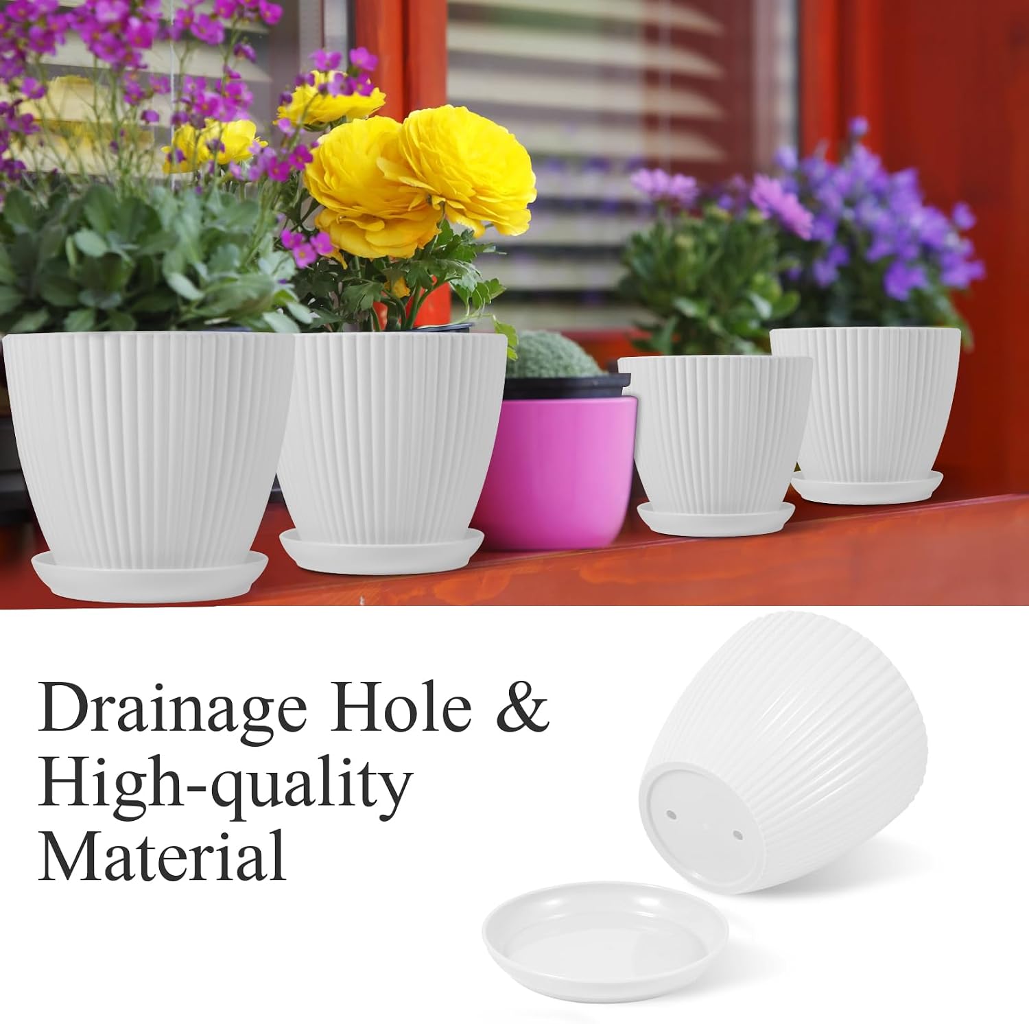 7 Inch Large Plant Pots, 6 Pack Flower Pots with Drainage Hole and Tray Saucer Plastic Plant Pot for Outdoor Indoor
