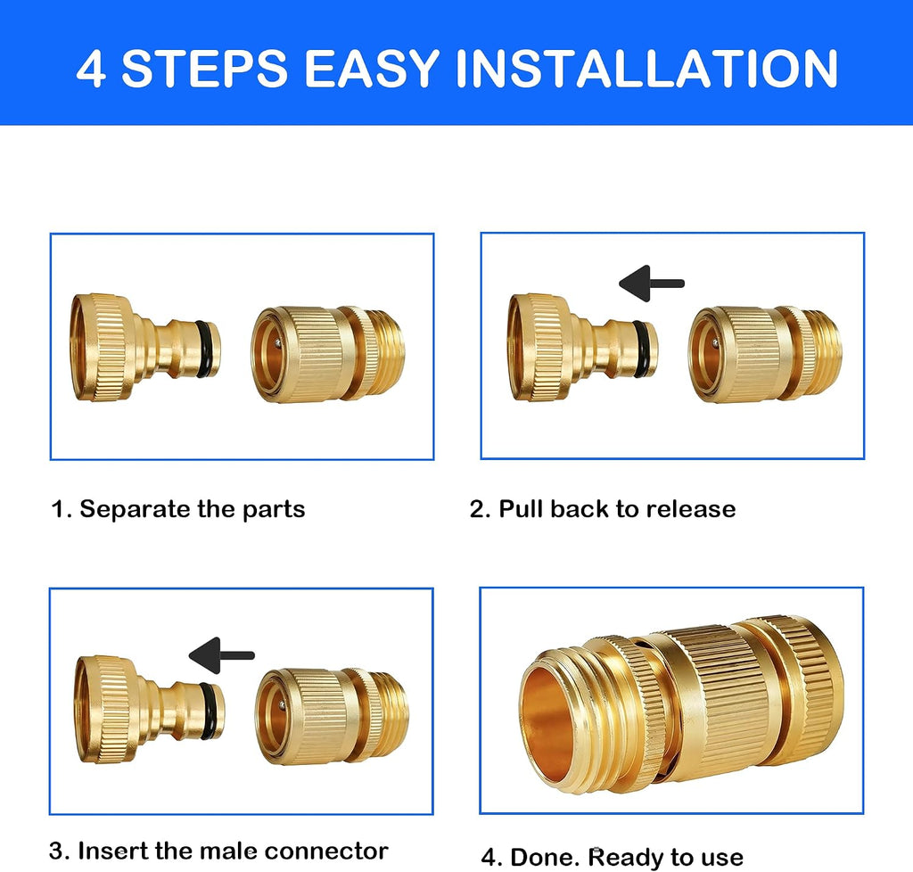Hourleey Garden Hose Quick Connect, 8 Set Solid Brass 3/4 Inch GHT Thread Garden Hose Quick Connect Fittings, No-Leak