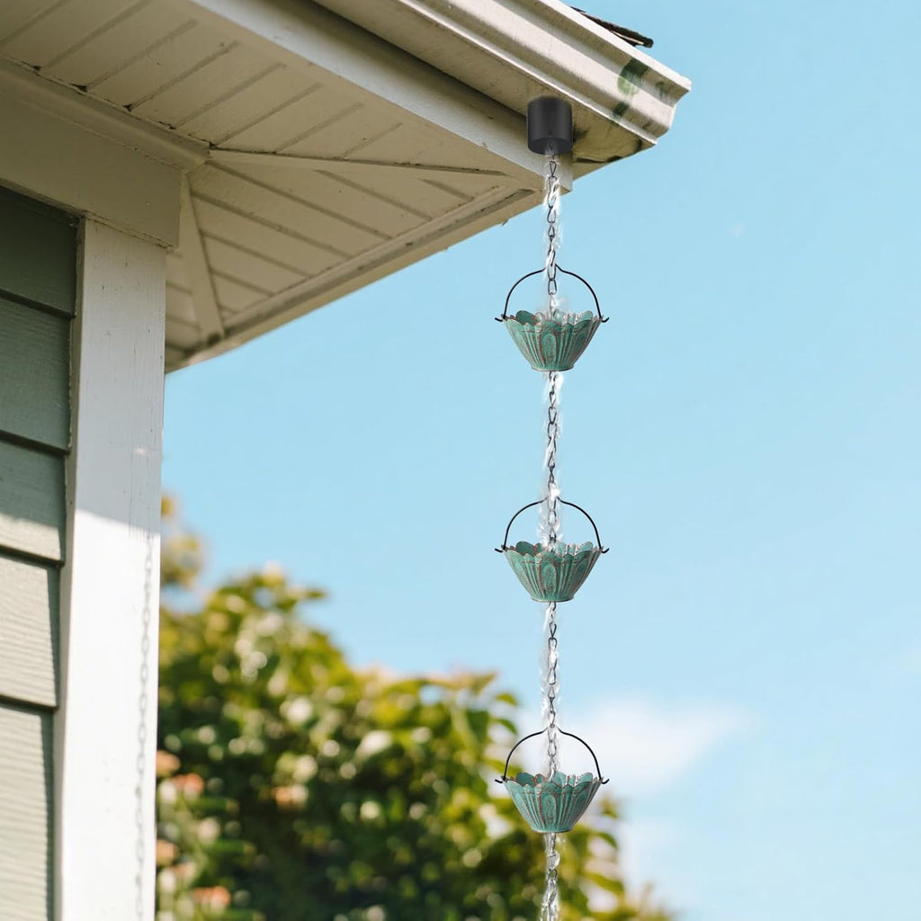 Rain Chains for Outside, 8.7FT Gutter Chain with | 12 Lotus Cups Rain Catcher Chain Replacement Downspout for Gutters