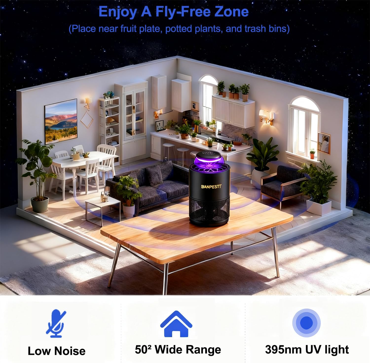 BANPESTT Indoor Insect Trap with Dusk-to-Dawn Sensor, US Adapter | Non-Zapper Suction Trap for Fruit Flies, Gnats