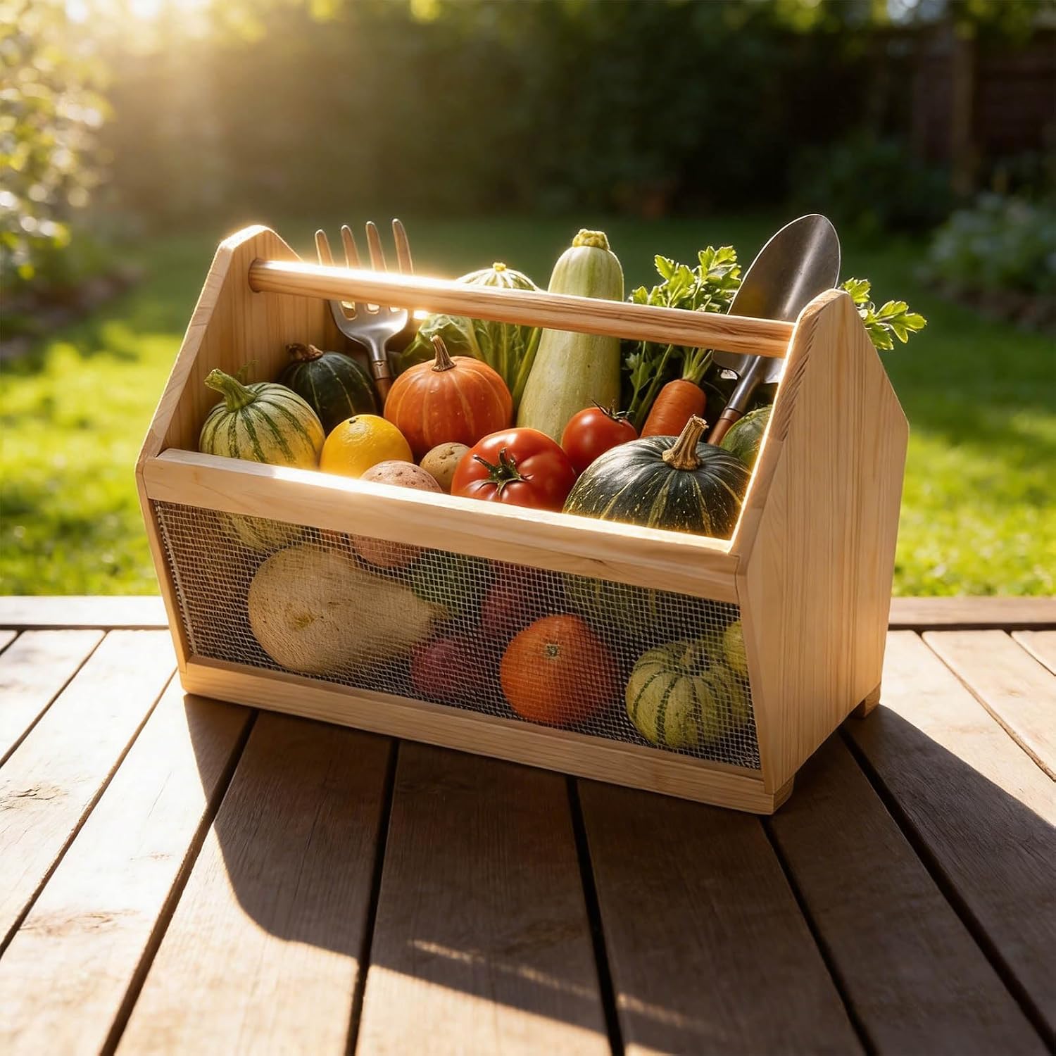 Garden Basket, Wood Harvest Basket with Wire Mesh, 12x7.5x10″ | Solid wood, rust-proof wire mesh, for gathering fruits
