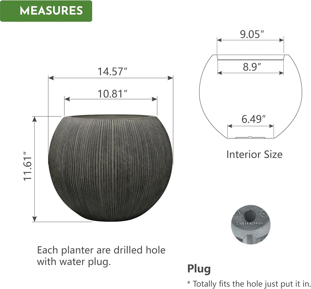 11.8" H x 14.5" D Large Round Plastic Planter with Drainage Hole & Plug | UV/Weatherproof, Lightweight, Recyclable