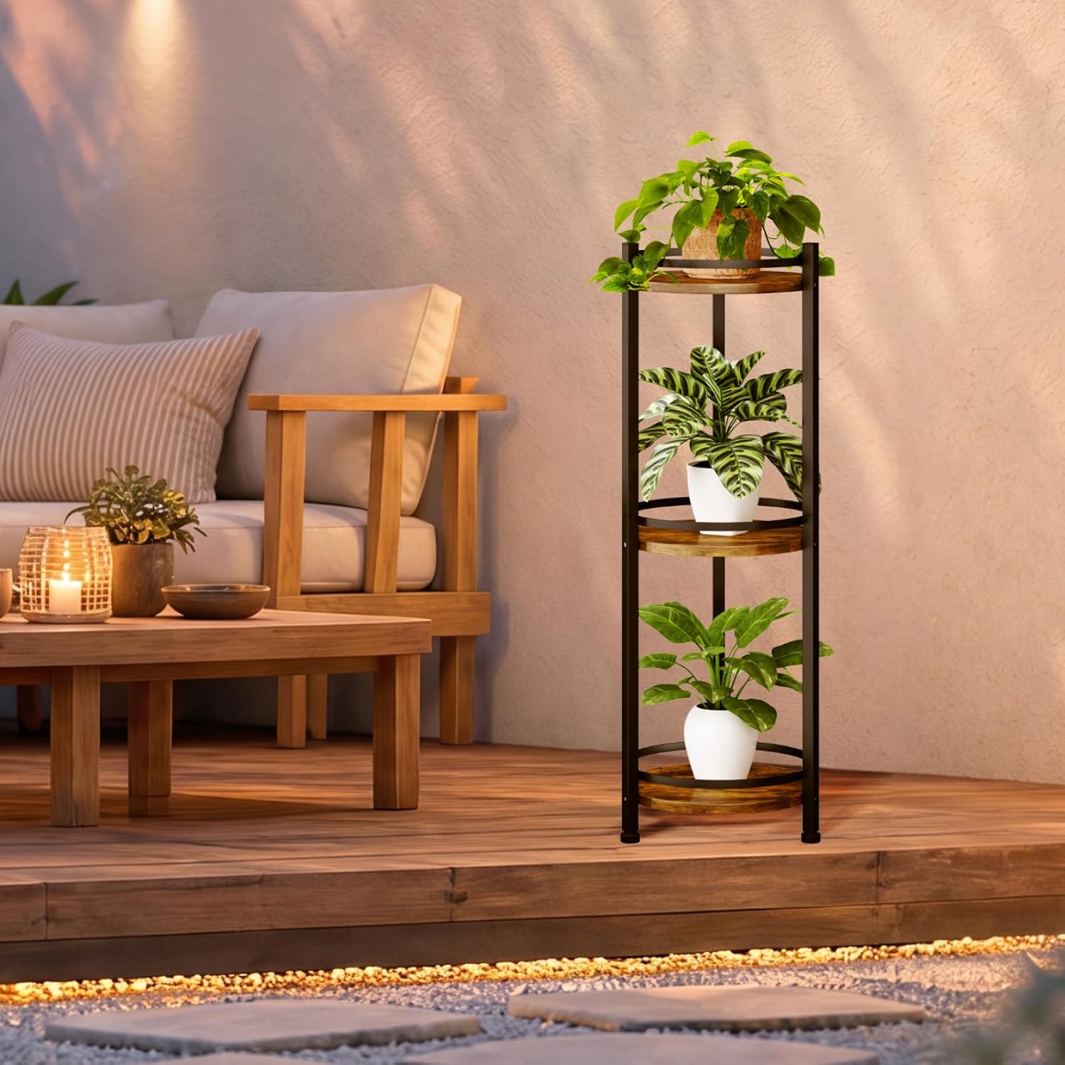 3 Tier Plant Stand Indoor Outdoor for Corner, Rustic | Tall Wood & Metal Plant Shelf, Rustproof Stable Flower Pot