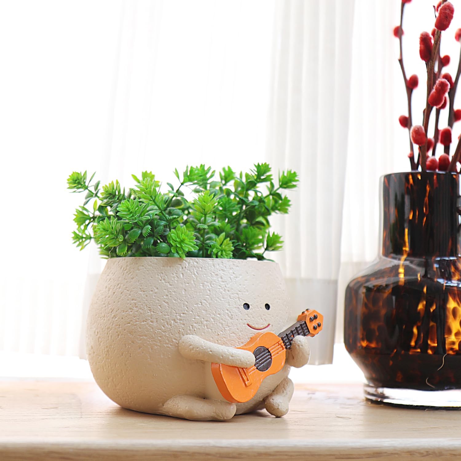 NINIPAPA Smiley Face Plant Pot Cute Guitar Planter with Drainage Holes Funny Small Flower Pots for Indoor Succulent
