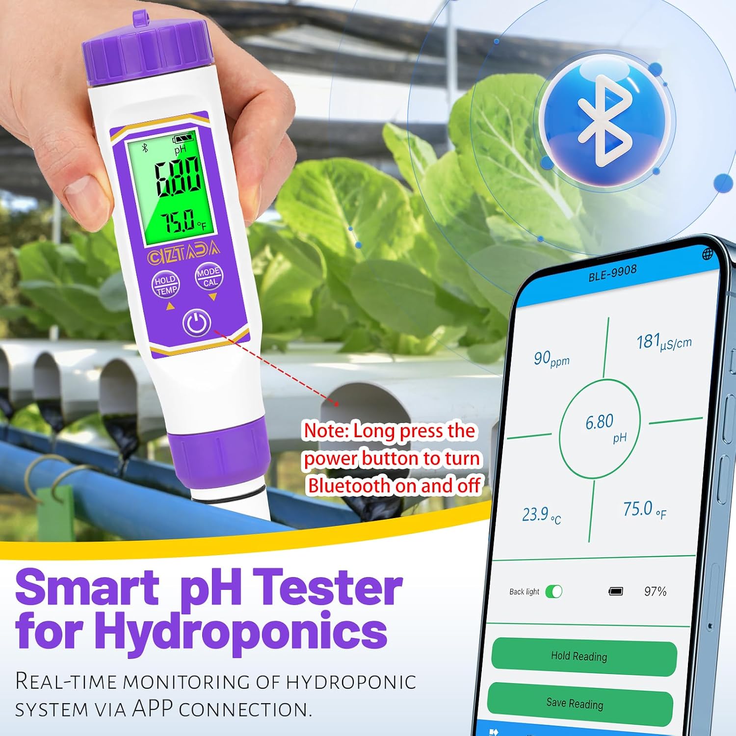 Smart pH Meter for Water pH and EC Meter for Hydroponics Nutrients | 4 in 1 Digital pH and PPM Tester for Reservoir