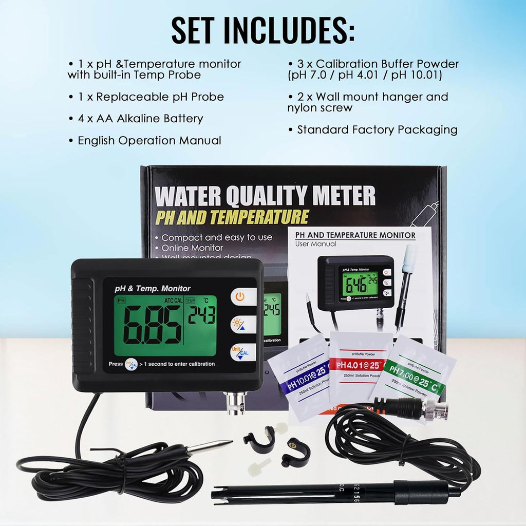 2 in1 pH Temperature Meter, Aquarium Thermometer pH Monitor with BNC Probe | Hydroponics, Aquariums, Pools, Labs
