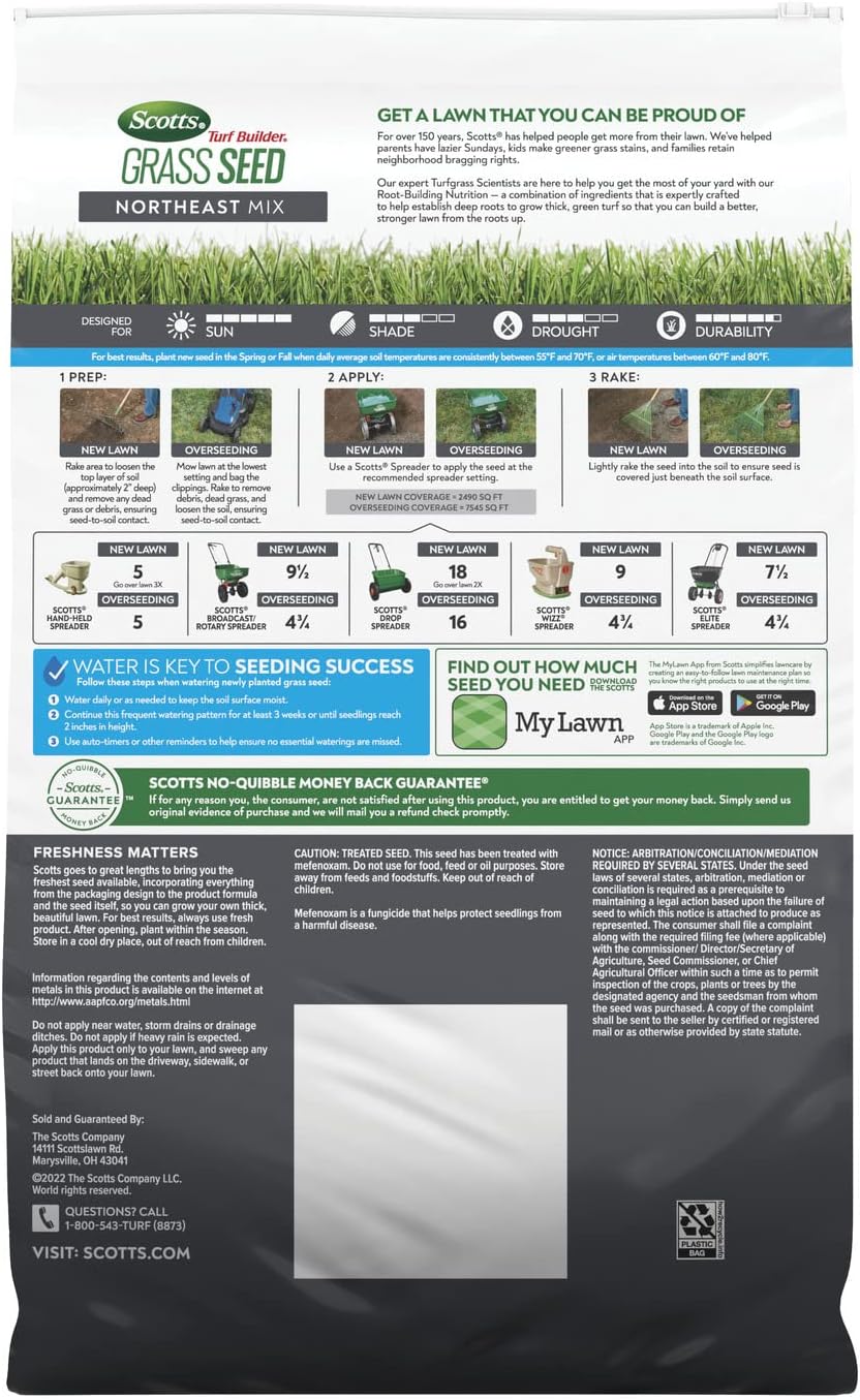 Scotts Turf Builder Grass Seed Northeast Mix, 16 lbs. | Grass Seed Plus Lawn Fertilizer and Soil Improver, Covers Up To
