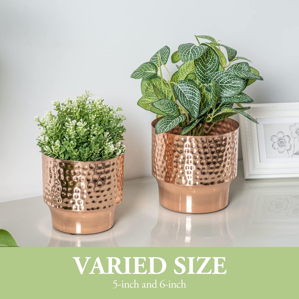 MyGift 5 and 6 Inch Modern Hammered Copper Tone Metal Planter Pots, Decorative Flower Pot Plant Container Centerpiece