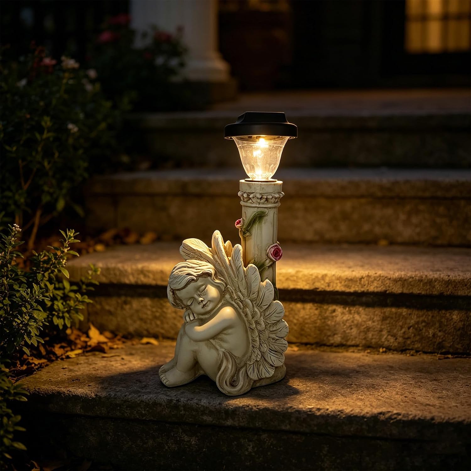 Angel Statue with Solar Light,White 12.9IN | Resin Angel Statue Decor for HOME Patio Lawn Yard Balcony, Resin Angel