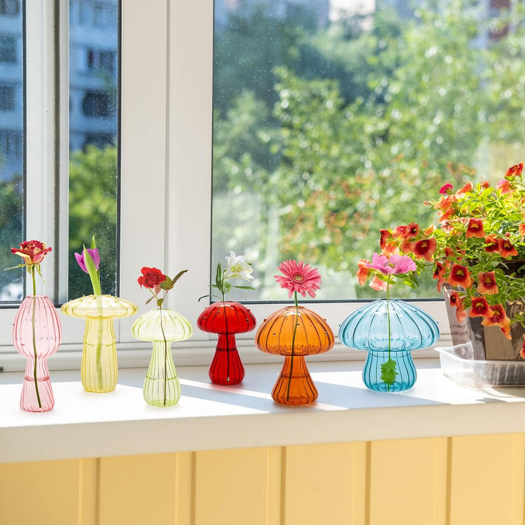 6Pcs Mushroom Vase, Colored Glass Vase,Mushroom Propagation Vases for Plants, Cute Hydroponic Flower Vase, Small Bud