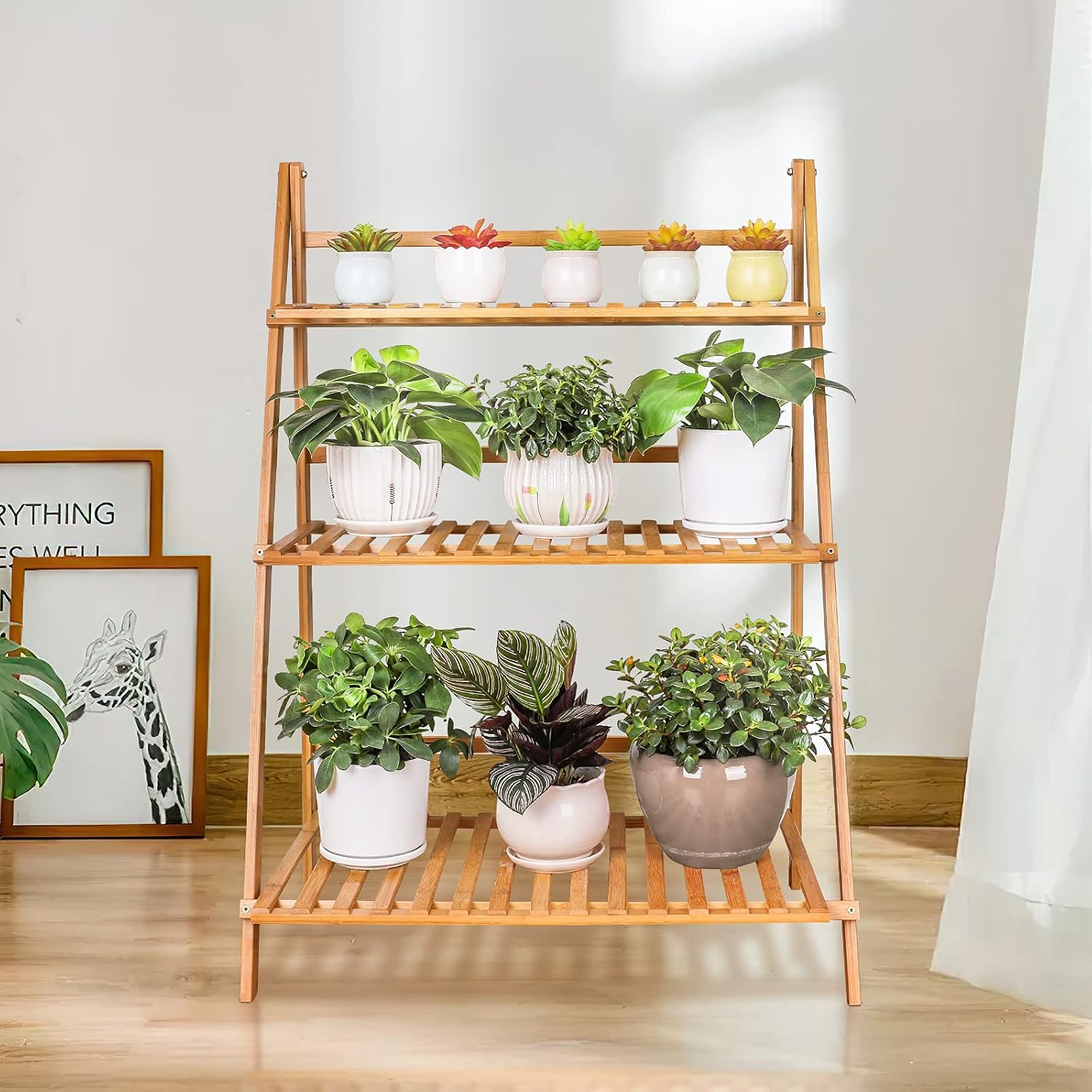 Ufine Bamboo Ladder Plant Stand 3 Tier Foldable Flower Pot Display Shelf | Indoor Outdoor Planter Organizer Holder